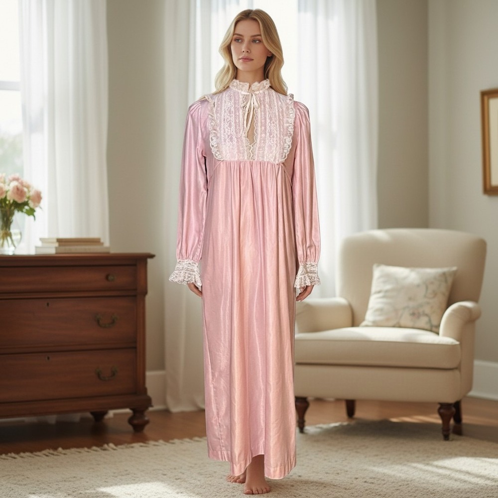 Vintage Pink Satin Lace Maxi Nightgown Long Sleeve Victorian Style Loungewear